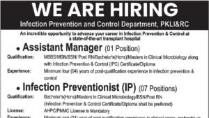 PKLI&RC we are hiring infection prevention and control advertisement header