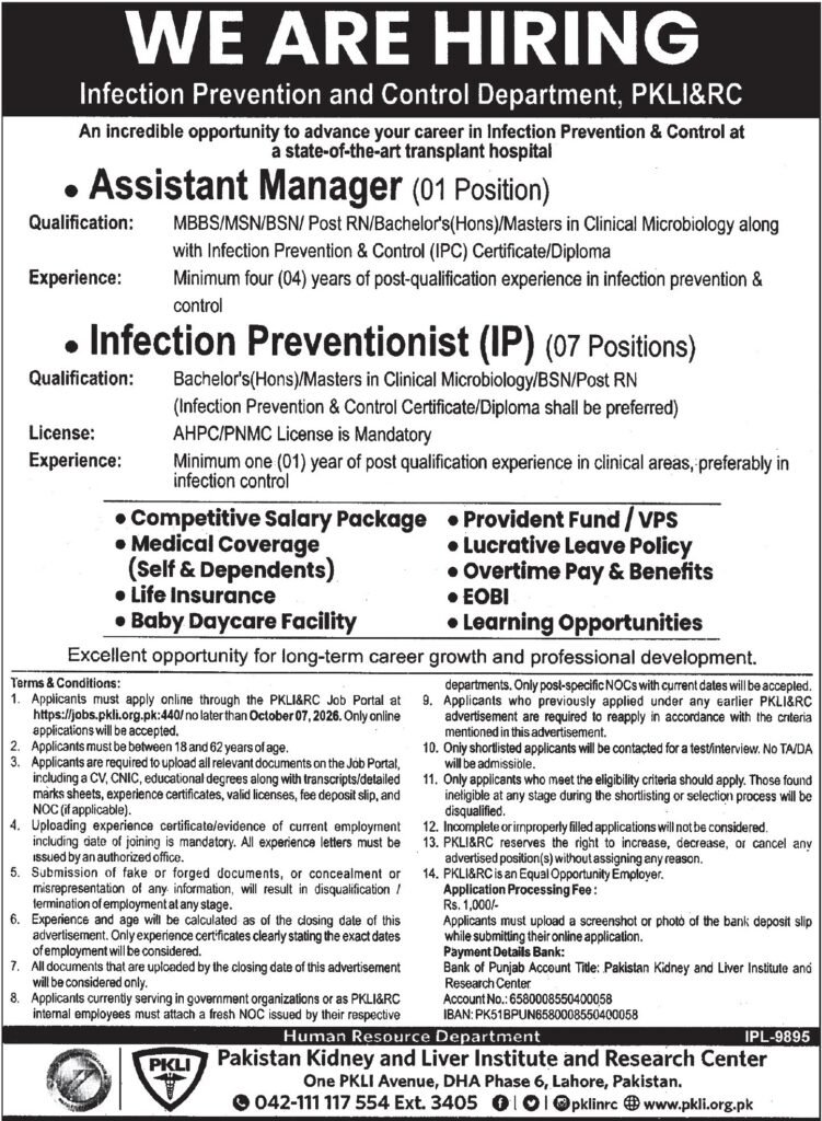 PKLI&RC advertisement showing qualification, license and experience requirements for Assistant Manager and Infection Preventionist posts along with employee benefits list