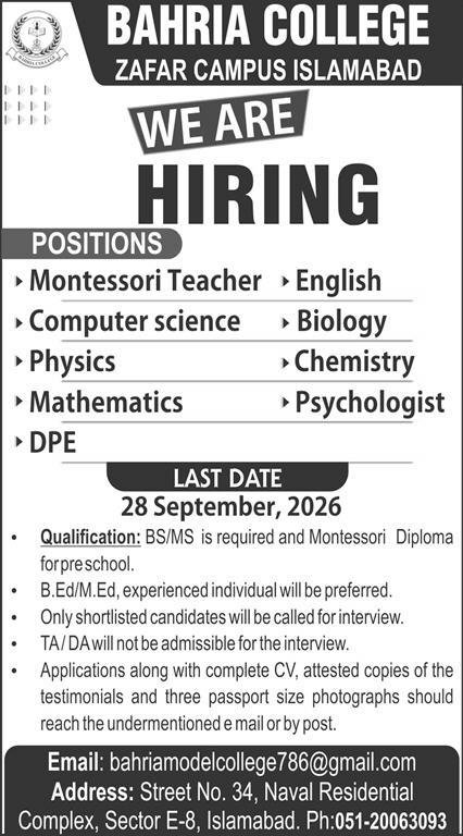 Bahria College hiring poster showing 9 teaching positions including Montessori, DPE and Psychologist