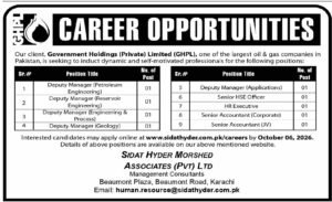 Government Holdings Private Limited career opportunities advertisement for nine positions in Karachi, 2026