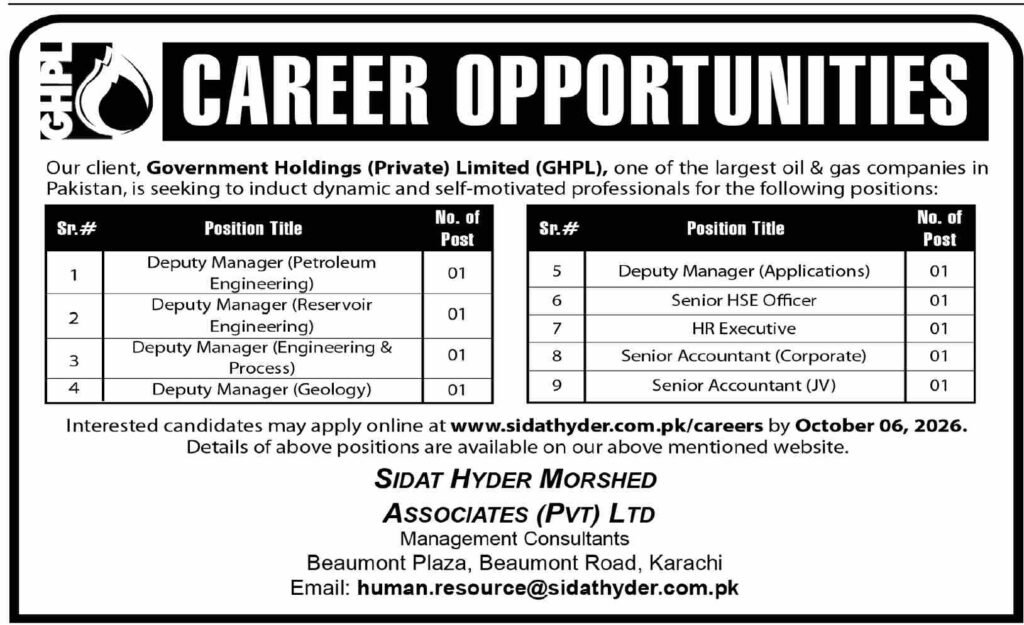Career opportunities advertisement of Government Holdings (Private) Limited showing nine positions, including Deputy Manager in petroleum engineering, reservoir engineering, geology, Senior Health Safety and Environment Officer, Human Resource Executive and Senior Accountant, with corresponding vacancy numbers