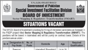 Text: Board of Investment Islamabad Sweeper recruitment 2026 for SMART project