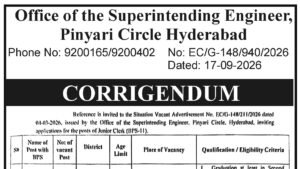 Office of the Superintending Engineer Pinyari Circle Hyderabad corrigendum advertisement header