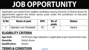 Public Health Engineering Division Buner Operator cum Chowkidar recruitment 2026