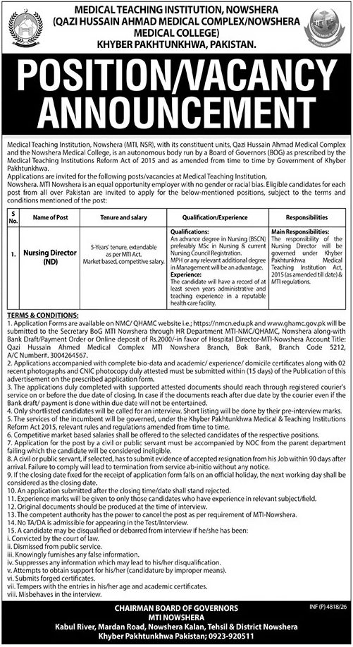 MTI Nowshera Nursing Director Jobs 2026