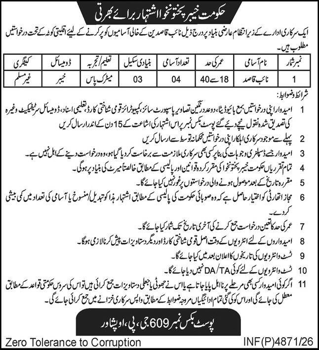 Khyber Pakhtunkhwa Naib Qasid Non-Muslim Quota Jobs 2026