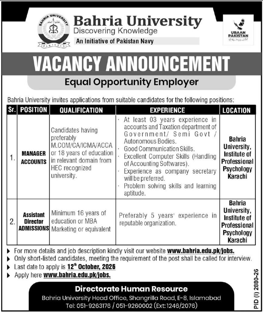 Bahria University Karachi Jobs 2026: Accounts & Admissions 