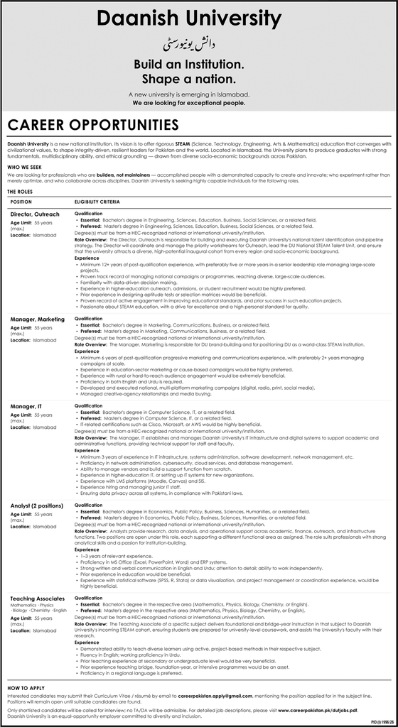 Original Daanish University advertisement listing Director Outreach, Manager Marketing, Manager IT, Analyst, and Teaching Associate roles with full eligibility criteria