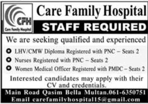 Original Care Family Hospital advertisement listing LHV/CMW, Nurses, and Women Medical Officer posts with PNC and PMDC registration requirements
