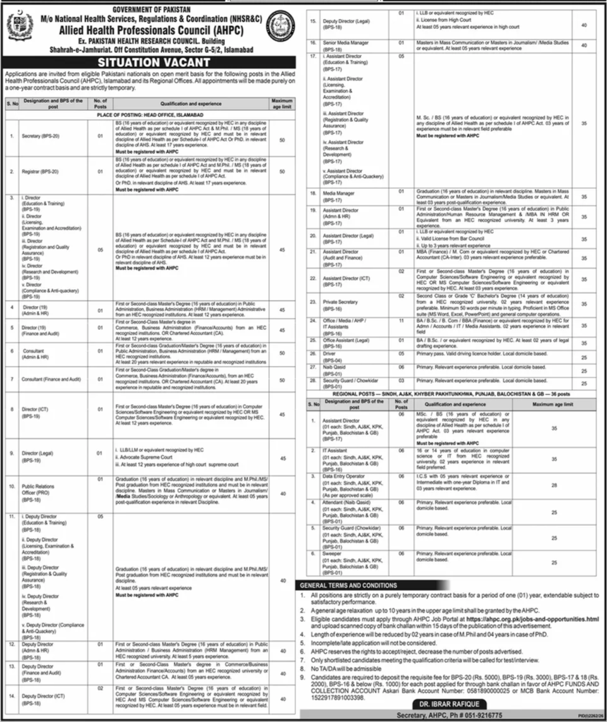 Original AHPC advertisement listing 28 head office positions and 36 regional posts across Sindh, AJK, KPK, Punjab, Balochistan and GB with qualifications, experience, and age limits