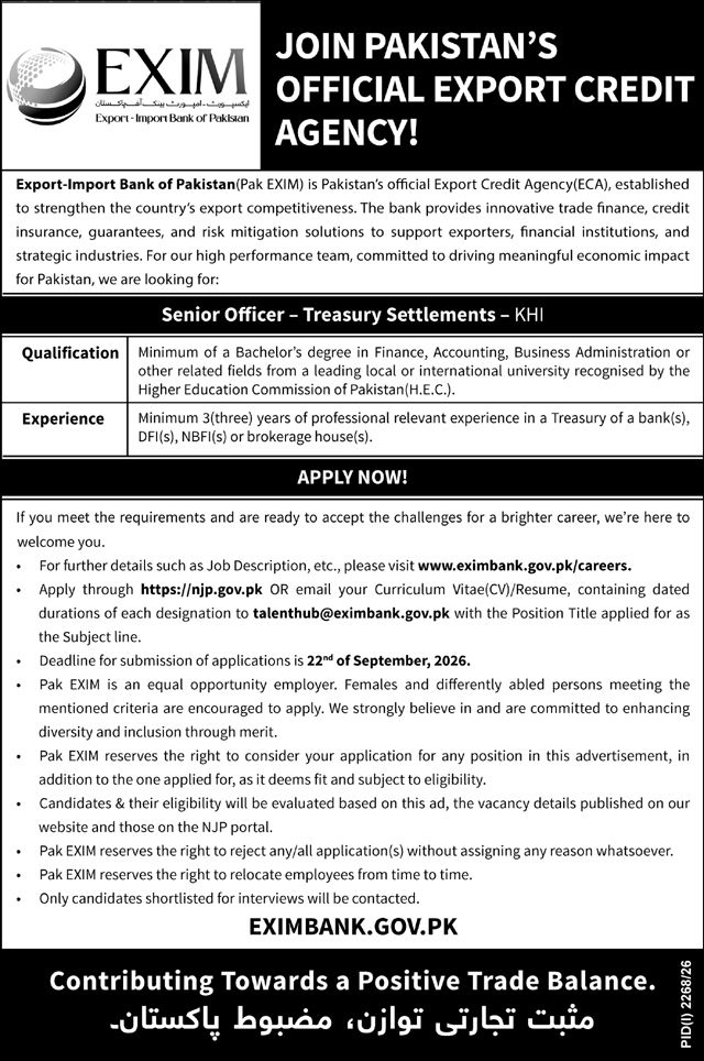 Original Pak EXIM Bank advertisement for Senior Officer, Treasury Settlements position in Karachi with qualification and experience requirements