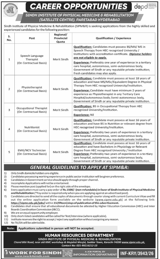 Original SIPM&R advertisement listing Speech Language Therapist, Physiotherapist, Occupational Therapist, Nutritionist, and EMG/NCV Technician posts with qualifications and experience requirements