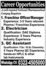 Original pharmaceutical company advertisement listing Franchise Officer/Manager, Electrician, and QC Assistant positions with qualifications and experience requirements
