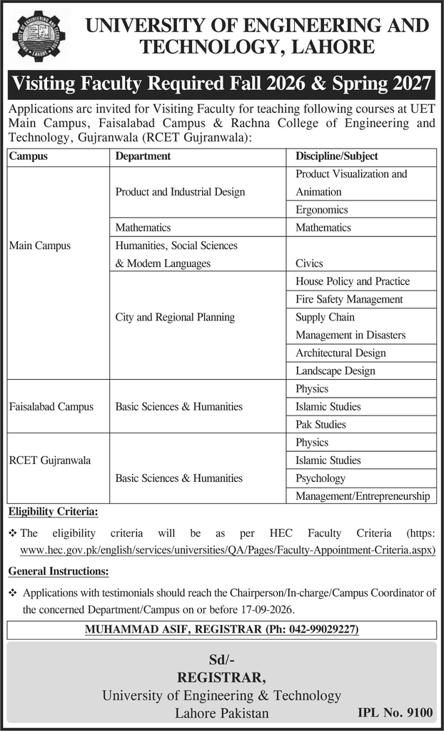 Original UET Lahore advertisement listing visiting faculty subjects across Main Campus, Faisalabad Campus, and RCET Gujranwala for Fall 2026 and Spring 2027