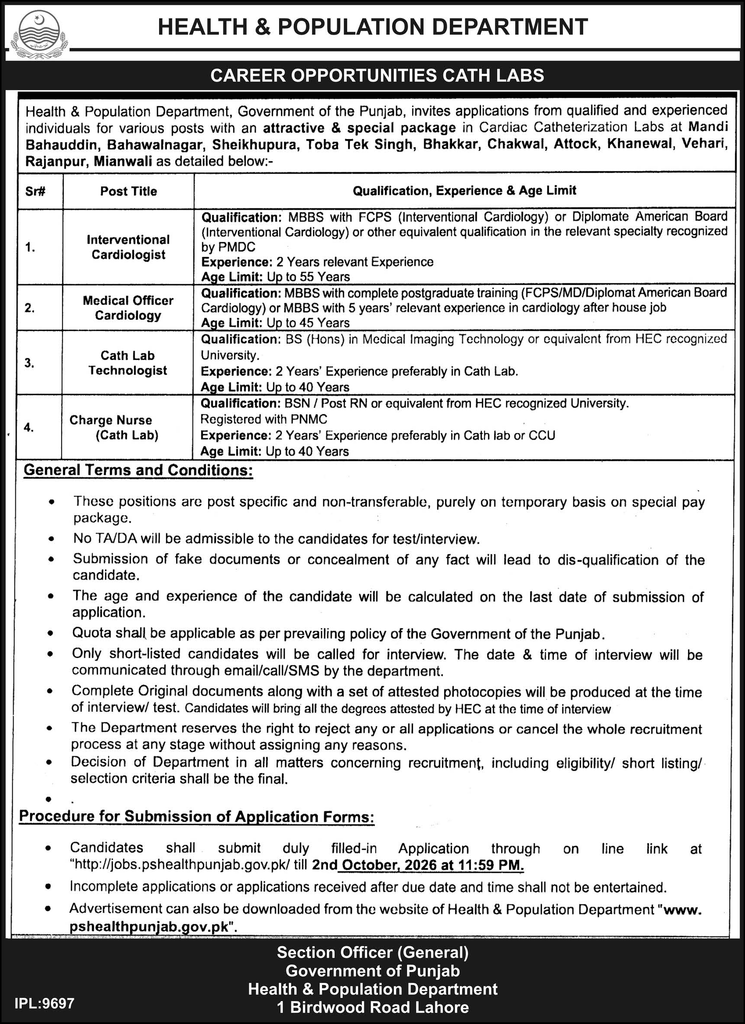Original Health & Population Department advertisement listing Interventional Cardiologist, Medical Officer Cardiology, Cath Lab Technologist, and Charge Nurse positions across 11 Punjab districts