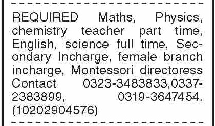 Original classified advertisement listing Maths, Physics, Chemistry, English, Science teacher positions along with Secondary Incharge, Female Branch Incharge, and Montessori Directress roles
