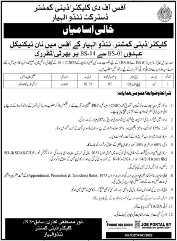 Original Deputy Commissioner Office Tando Allahyar advertisement showing Kotar (BS-01) position with eligibility criteria, age relaxation rules, and required documents