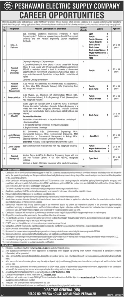 Original PESCO advertisement listing SDO, Assistant Manager, Revenue Officer, Junior Engineer, and GIS positions with quota breakdown and age limits across 46 posts