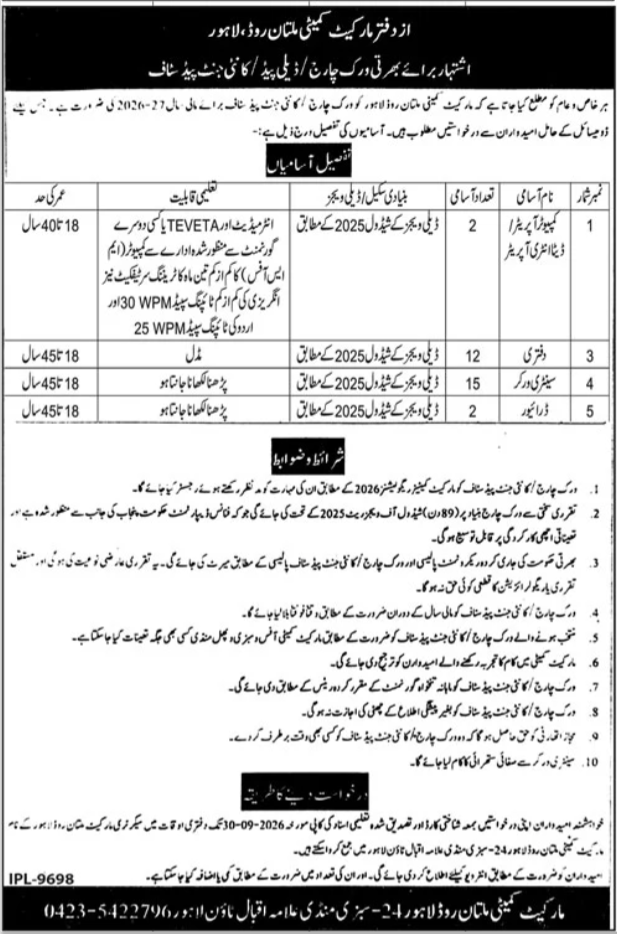 Original Market Committee advertisement listing Computer Operator, Daftri, Sanitary Worker, and Driver positions with qualifications and age limits