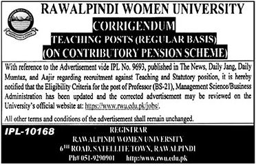 Rawalpindi Women University corrigendum IPL-10168 updating Professor BS-21 Management Science and Business Administration eligibility