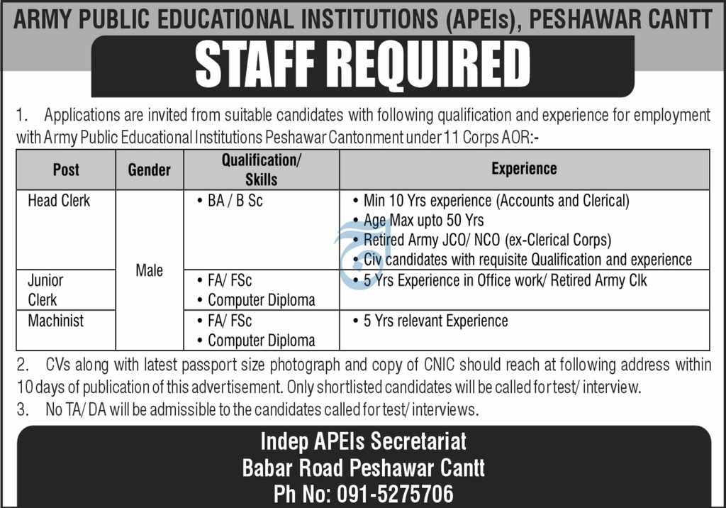 Original Army Public Educational Institutions Peshawar Cantt advertisement listing Head Clerk, Junior Clerk and Machinist posts with qualifications and experience
