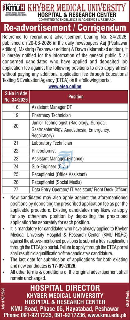 Original KMU Hospital and Research Center corrigendum notice listing 11 positions that require fresh application through the ETEA portal