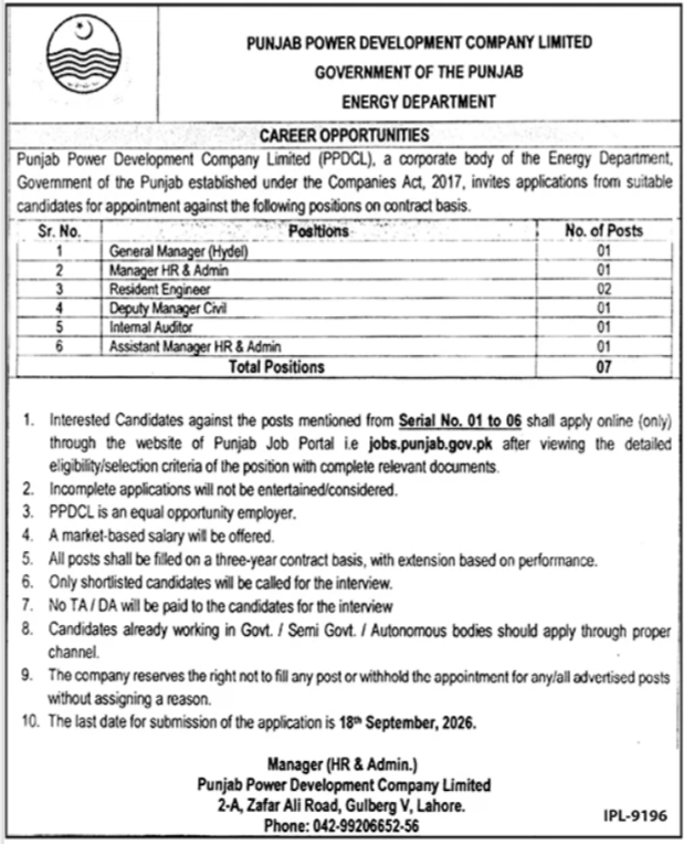 Original PPDCL advertisement listing General Manager, Resident Engineer, Deputy Manager Civil, Internal Auditor, and HR management posts with vacancy counts