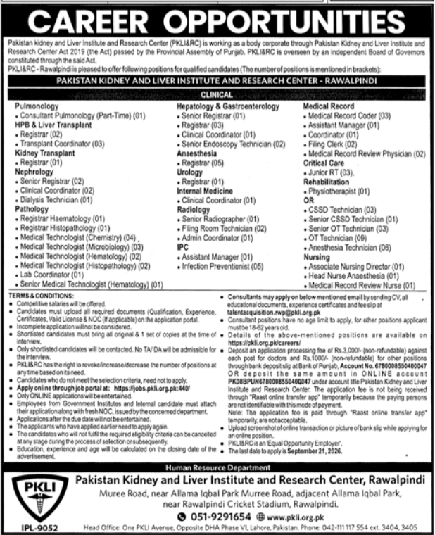 riginal PKLI&RC advertisement listing over 40 clinical and support vacancies across departments including transplant, pathology, nursing, and medical records